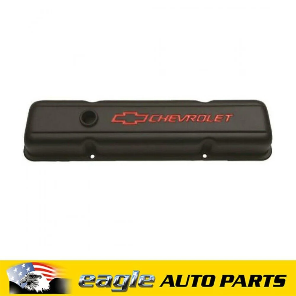 Chev 350 Rocker Covers, Stock Height, Steel Black Wrinkle, Chev Logo # 141-750
