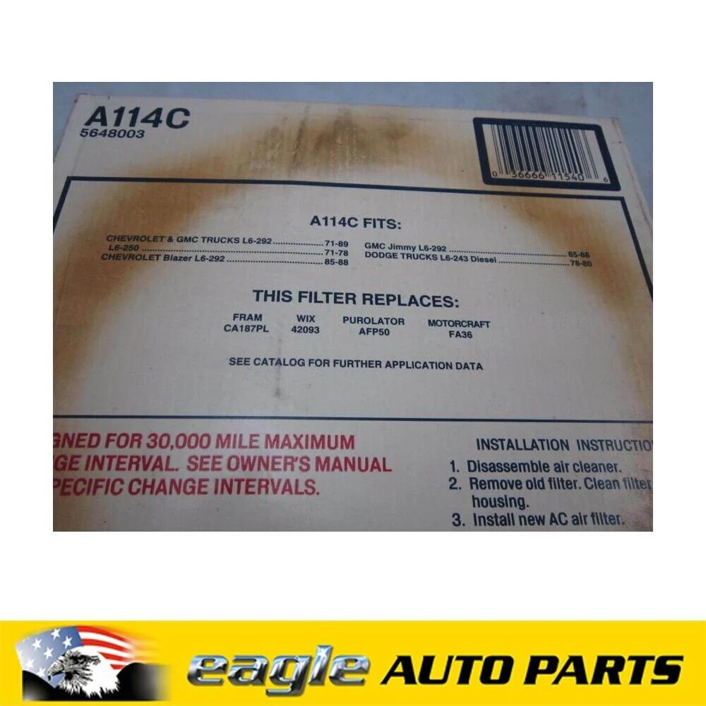 CHEV GMC C10 C20 C30 71 89 250 292 6 CYL ENGINES AIR FILTER ELEMENT  # A114C - Image 3