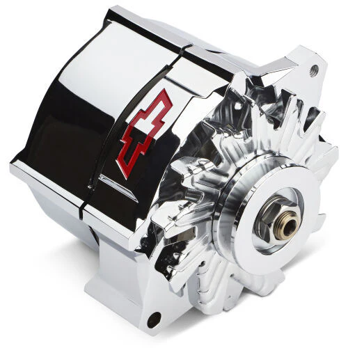 Chev Slant-Edge Alternator Recessed Red Bowtie Emblem Chrome 100amp # 141-155
