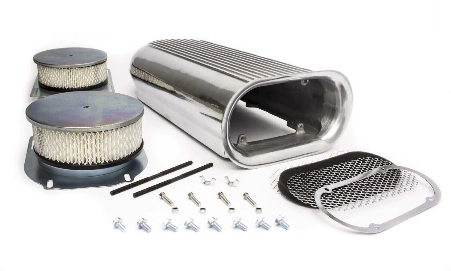 RPC POLISHED FINNED ALLOY HILBORN STYLE BONNET SCOOP DUAL 4BBL CARBIE # R5233